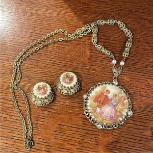 Antique Courting Couple Porcelain Portait WGerman Necklace & Earrings